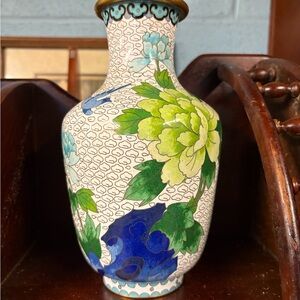 Floral Cloisonné Vase with Green and Blue Accents